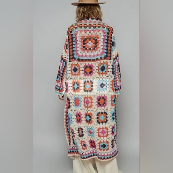 POL One Size Granny Square Duster Crochet Cardigan Knit Boho Colorful Open‎ NWOT - Picture 8 of 8